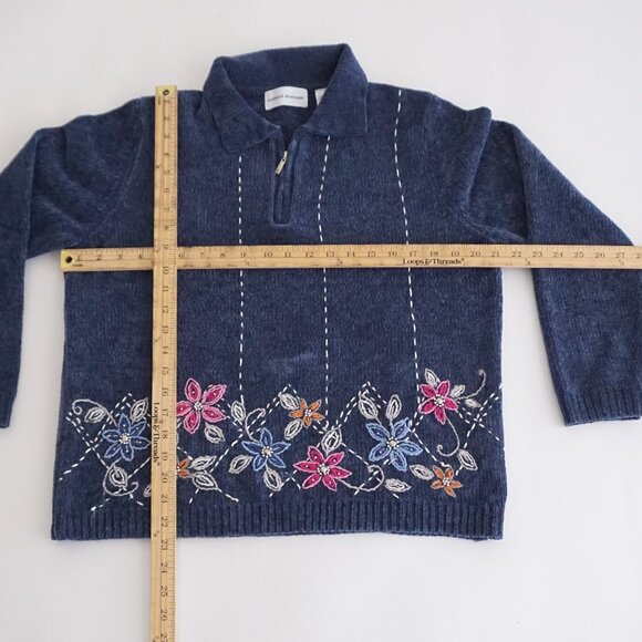 Vintage Blue Alfred Dunner Embroidered Floral Quarter Zip Sweater Grandmacore S - Picture 3 of 9